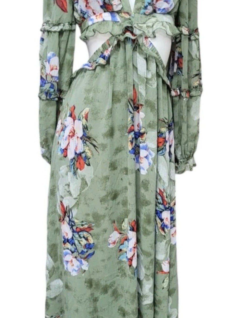 Olive Green Floral Maxi Dress with Tie Detail